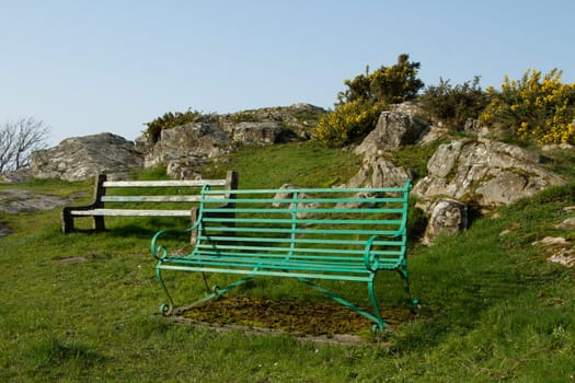 A pair of benches on a patch of green grass with rocks and gorsr plants against a blue sky.