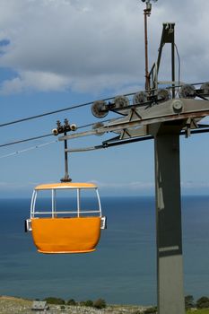 A yellow cable car moves towards a support pillar with roller wheels a blue sea and sky in the background.