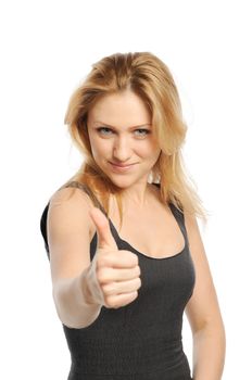 Beautiful young woman thumb up. Isolated on white background.