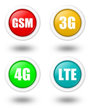 Colored LTE, 4G, 3G and GSM telecommunication icon set with shadow