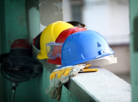 Safety gear kit close up on work place 