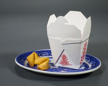 Chinese take out on plate with fortune cookies