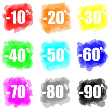 Set of colorful paint splat percentage symbol for discount, commerce, promotional and advertising concept