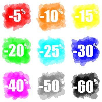 Set of colorful paint splat percentage symbol for discount, commerce, promotional and advertising concept