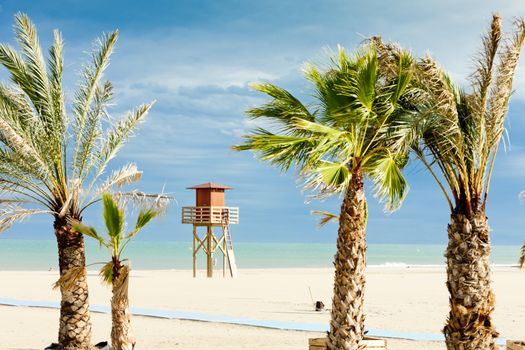 lifeguard cabin on the beach in Narbonne Plage, Languedoc-Roussillon, France