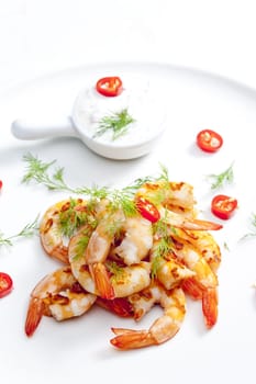 grilled prawns with dip of garlic, chilli and dill