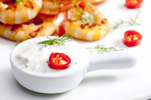 grilled prawns with dip of garlic, chilli and dill