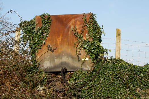 An old metal, rusty, fuel storage tank and hose on a wall with ivy against a blue sky.