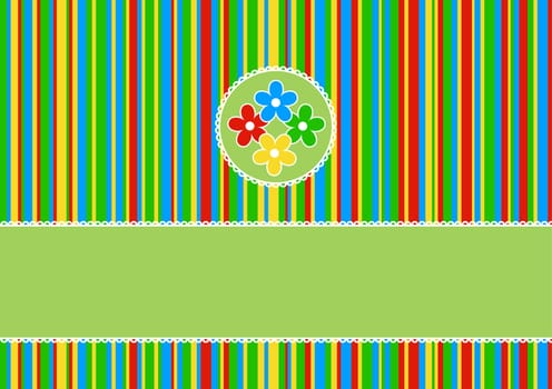 greeting card with colored flowers on a striped background