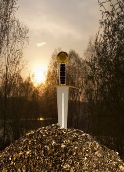 Beautiful sword inside a rock, with sunset on the back