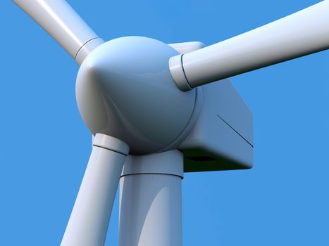 Detail of wind turbine rotor on blue background