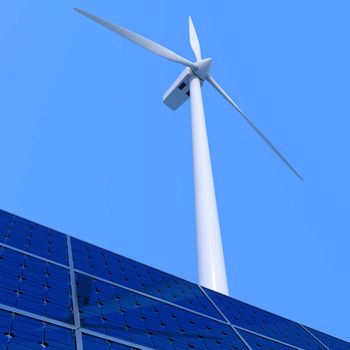 Solar panel and wind turbine on blue background