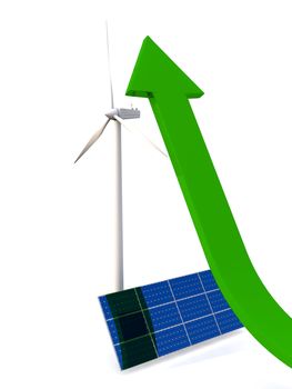 Green arrow pointing upwards next to solar panel and wind turbine