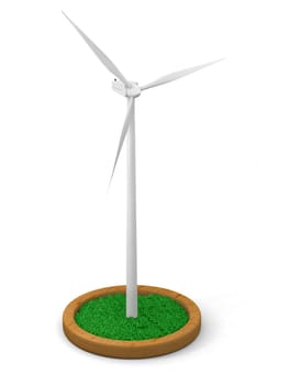 Model of wind turbine with grassy patch on wooden stand with white background
