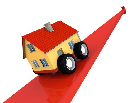 House on wheels going upwards on a red arrow