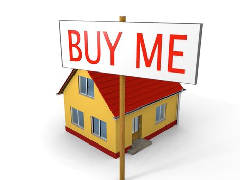 Small house with sign saying "buy me"