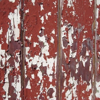 Wooden tongue and groove panels with red, green and white coats of flaking paint.
