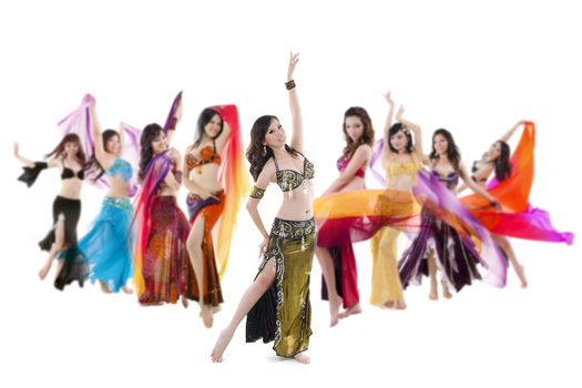 Belly dancer troupe posing on white background