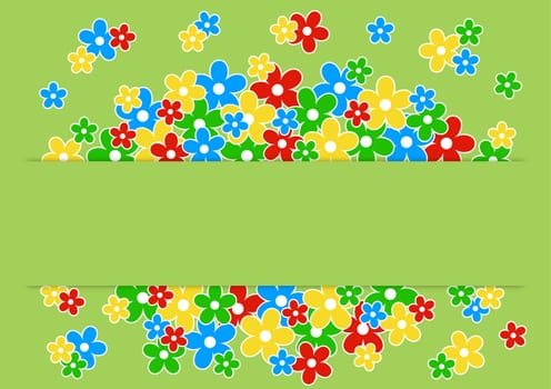 greeting card with colored flowers on a green background with place for text
 