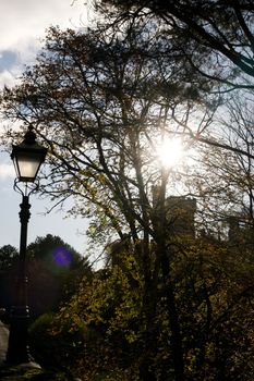 Lismore castle in silhouette through the beautiful trees in county Waterford Ireland