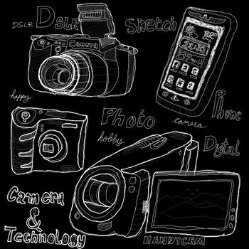 Camera and technology sketch drawing