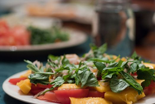 Green salad served with mango and tomatoes