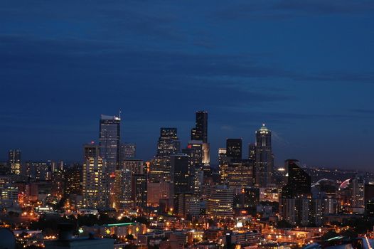 The Seattle skyline at dusk seen from up high