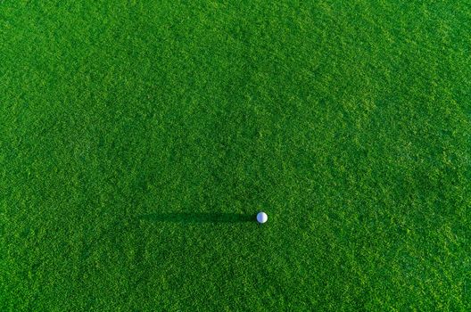 View from above at golf ball on a field of green grass