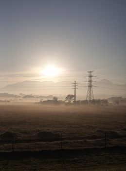 Fields and power lines near Cape Town, South Africa