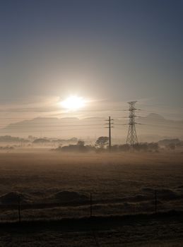 Fields and power lines near Cape Town, South Africa