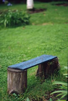 Blue garden bench on lawn in rural Ecuador