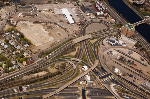 Aerial view of Massachusetts Turnpike tollbooths and interchange