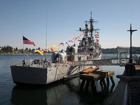 A photograph of a Forrest Sherman-class naval destroyer detailing its structure and design.  This particular ship was commissioned in 1959 and was known as the DD-951 USS Turner Joy.  It was retired from United States military service in 1988.