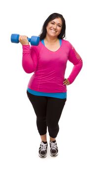 Attractive Middle Aged Hispanic Woman In Workout Clothes Lifting Dumbbell Against a White Background.