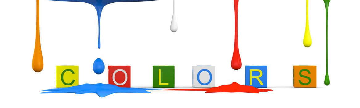 Dripping colors and colorful cubes displaying word "colors"
