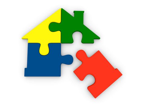 House symbol made of four colorful puzzle pieces with one not in place