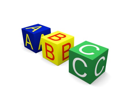 Three colorful cubes with alphabet letter a, b and c