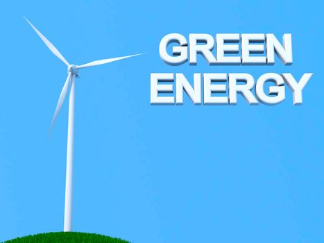 Wind turbine with "green energy" sign on blue skies