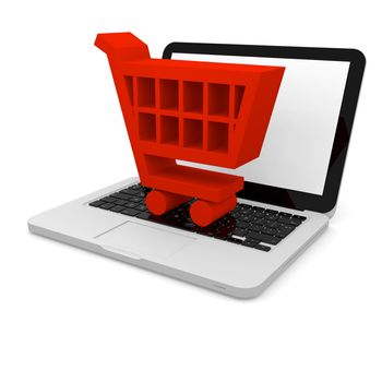 3D illustration of shopping trolley symbol on a laptop