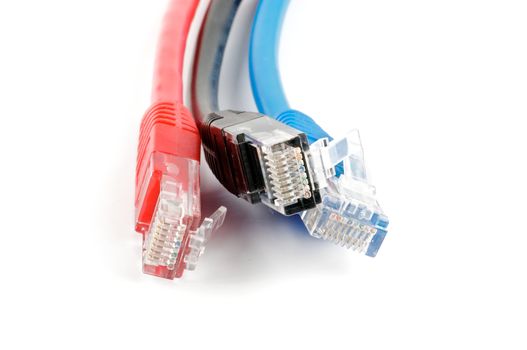 Black, red and blue UTP cords with RJ-45 Connectors isolated on white background