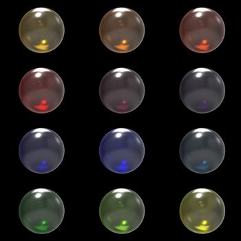 Glass different color balls group isolated on black background