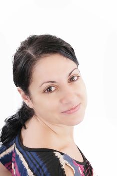 Portrait of a beautiful woman looking at the camera smiling, isolated on a white background