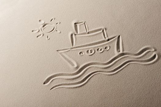 Beach background , drawing of a cruise liner