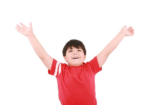 young casual little boy with open arms and looking up, isolated