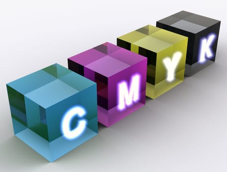 Concept of CMYK color scheme illustrated by Cyan, Magenta, Yellow and the Key cubes made of glass with CMYK letters intensively glowing with white color. Scene rendered and isolated on white background.