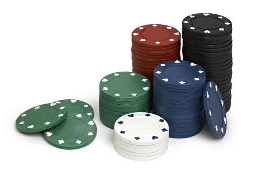 Red,black,green,blue and white casino tokens, isolated on white background