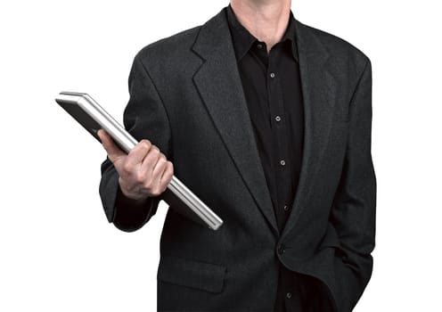 Businessman holding his laptop on white (clipping path )
