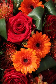 Orange gerberas and red roses in a floral arrangement