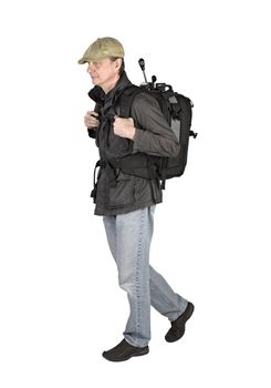 Phtographer hiker, side view on white background