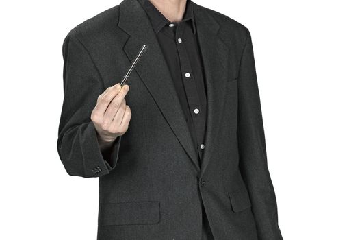 man in a suit pointing with a pen on white background